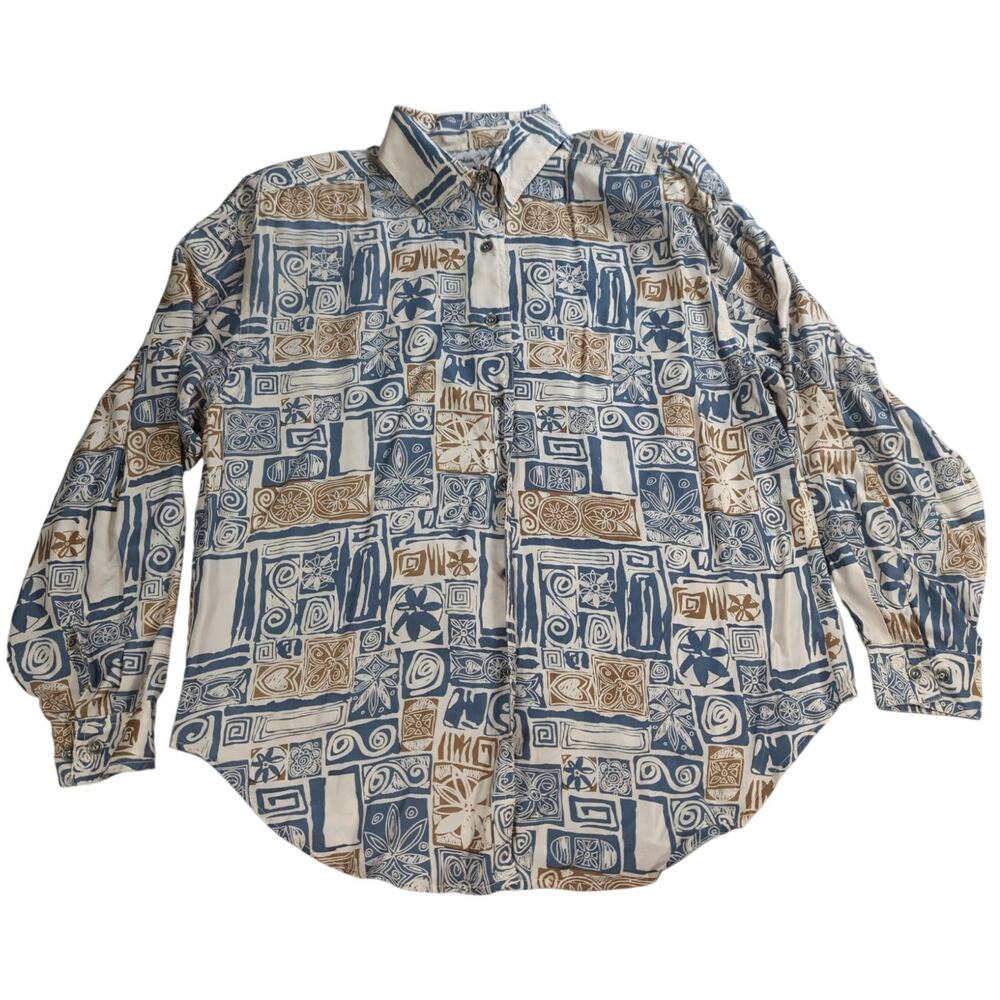 VTG Jonathan Martin Silk Shirt Mens M Blue Tan Abstract Geometric Button Front